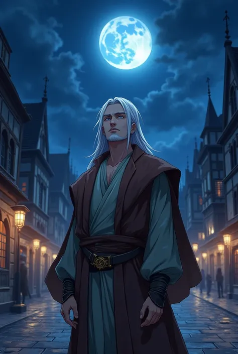 anime,man,man,high,  long white-haired , handsome, blue-eyed, sharp gaze,dashing , wearing a medieval brown adventurers robe,the night, in the center of the royal square,street street , staring at the moon , sad face 