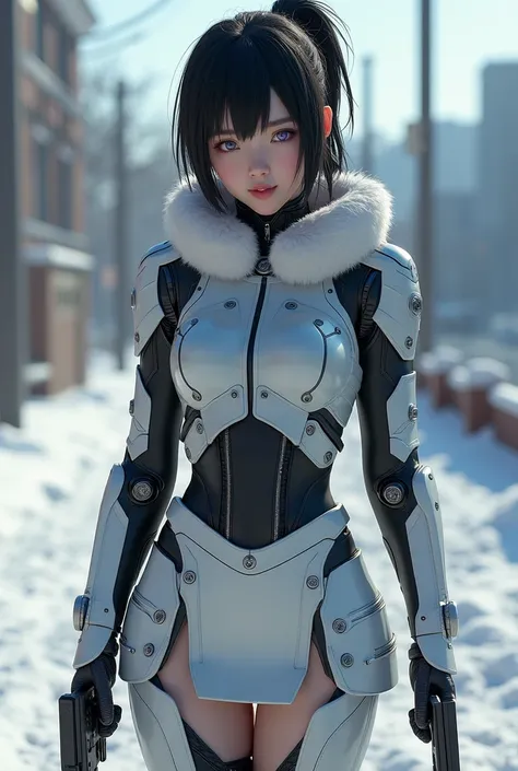 masterpiece, (Photorealistic:1.4), Raw photo, cyborg,　winter,　Winter clothes, sunny day,　guns,　dark hair, 1 cyborg Girl, ((super realistic details)), global　illumination, Shadow, octan render, 8k, ultrasharp, character edge light, tits, Details of complex ...