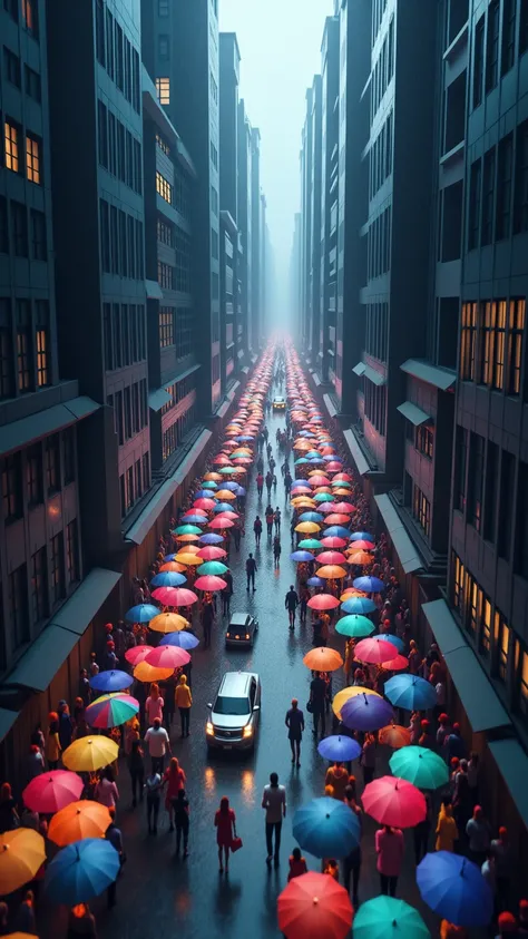 （masterpiece：1.2、 High Quality 、High image quality、 Details）、It rains、ビルとビルの間を歩く傘をさした人達を looking from above 、 Colorful umbrellas are lined up along the building 、 Cars are running on the road in the middle 、 A fun world with colorful umbrellas in a downpou...