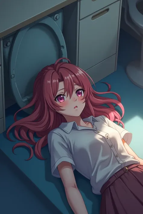 A beautiful 18-year-old anime girl is sitting lying on the office nine, but lying in front of a commode in the office in a tired condition. 