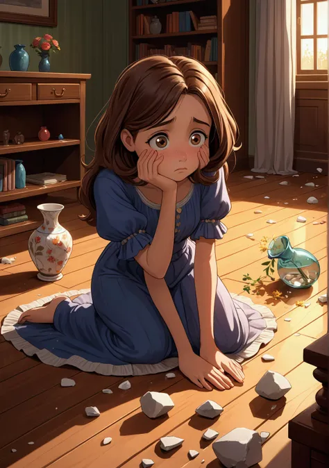 Here’s the detailed prompt:

"A cartoon-style scene of the young girl standing in the center of a cozy living room, looking devastated after accidentally breaking a beautiful vase. Her medium-length brown hair falls slightly over her face as she gazes down...