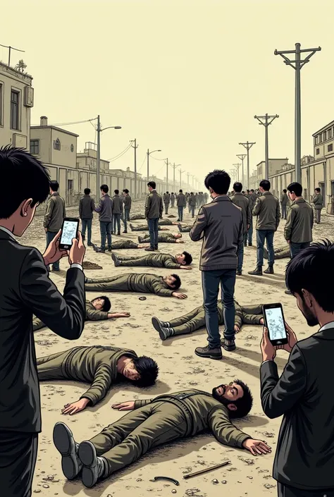 Manga style drawing of a war with dead people and people filming with their mobile phones and mockery