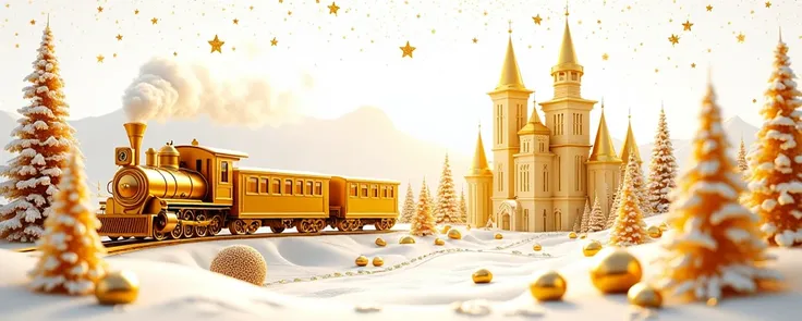 ticket design , to print,  High resolution,  its golden elements and white background, golden polar train ,  golden Christmas trees,  world and kingdom not of golden candies ,  world of golden candies , The entire design is gold ,  gold-colored frame,  rea...