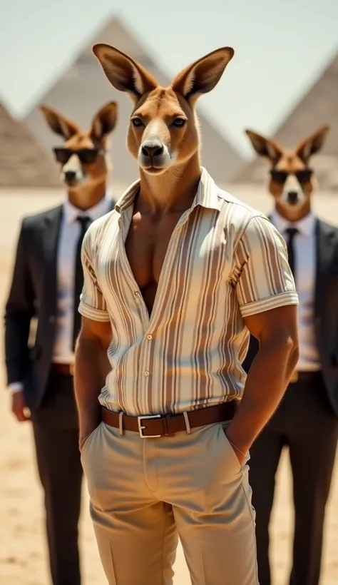  In the center of the image is a caramel-haired kangaroo extremely strong and muscular ,  he is dressed in a casual and elegant style ,  that combines sophistication and simplicity .  He wears a short-sleeve shirt in light fabric ,  with a cream background...