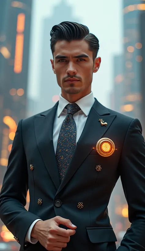  A portrait of a charismatic Atompunk diplomat standing confidently against the backdrop of a sleek, gleaming metropolis. Their outfit is inspired by 1950s formalwear but enhanced with futuristic details: a tailored suit with a shimmering metallic finish, ...