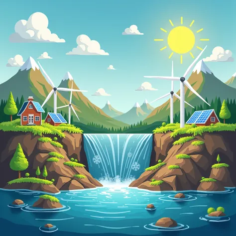 Real-world examples labeled with bright visuals and renewable energy symbols.