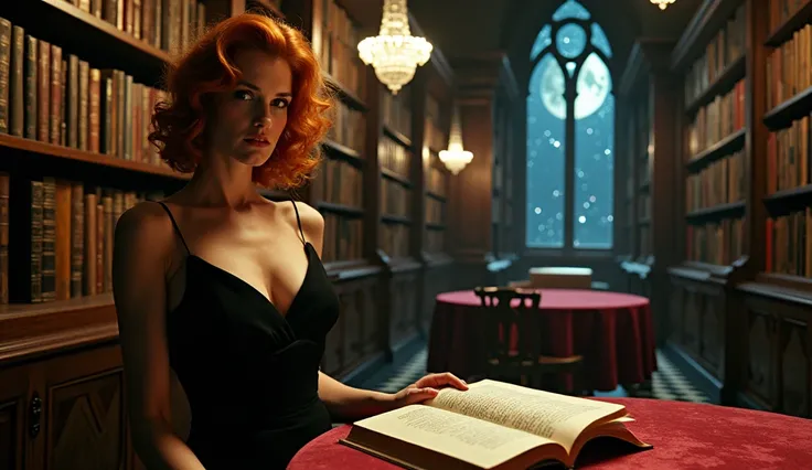 "Charlize Theron, with her iconic curly red hair, immersed in a futuristic library from the 50s. The actress, dressed in an elegant black dress, breasts bare, exudes an air of mystery and curiosity as she scrolls through the shelves full of old books looki...