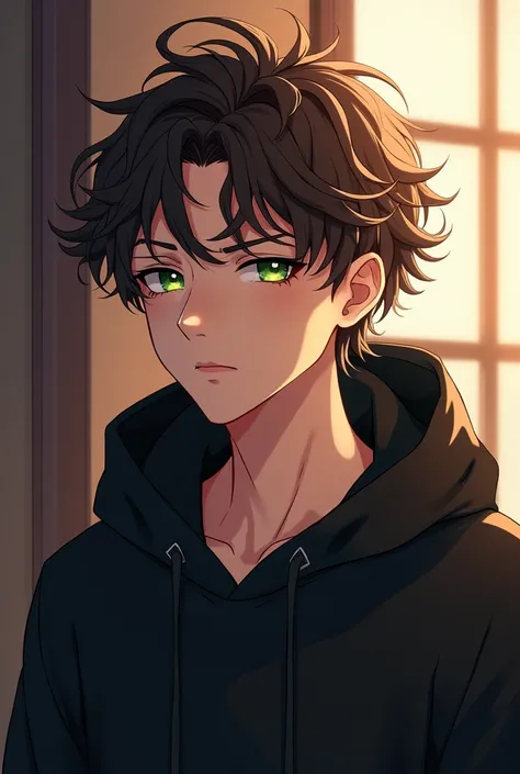 white man, 20 years old, european, pale skin, brown curly hair, green eyes, wears a black hoodie, anime style