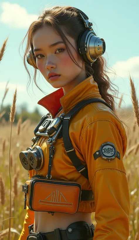 A young woman with retro sci-fi gear and mechanical enhancements, vibrant yellow and red tones, intricate metallic details, worn-out but functional technology, hyper-realistic textures, cinematic lighting, natural outdoor background with tall grass under a...