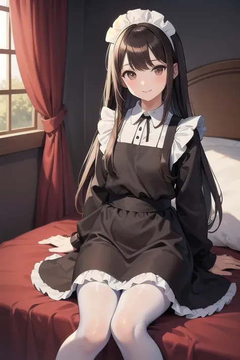 masterpiece、 best quality、beautiful、Fine Lines、 girl、 brown hair、 long hair、 Brown Eyes 、smile、Pale lips、black maid clothes、White apron、 black pantyhose 、bedroom、 sitting on bed 、