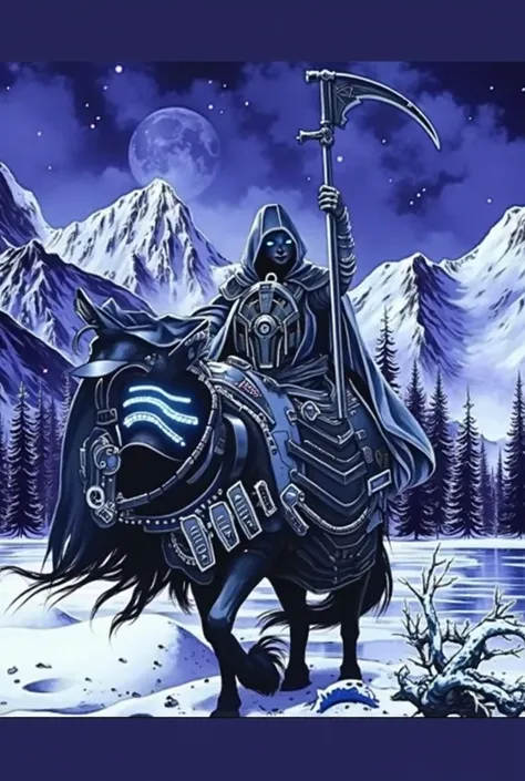 Transform this image into a robot. The original image shows a figure on a horse dressed in black, carrying a scythe in the left hand and a hourglass in the right hand, and in a snowy landscape with a full moon in the background. In the transformation, turn...