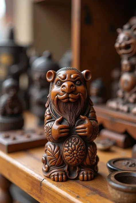 An intricate asian wooden antique netsuke on a stall at an antique fair