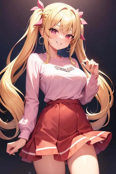 1girl, Breasts, Blonde Hair, Jewelry, Twintails, Hair Bow, Earrings, Teeth, Masterpiece, Best Quality, HD, Best Quality, UHD, Braid, Smile, Illustration, Image Fill, pink t shirt, red skirt, long sleeves, standing, 
