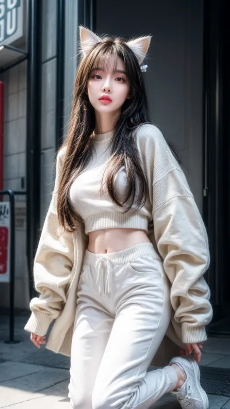 1girl, Long Hair, Best Quality, Detail, Long Hair, Cat Ears White, POV, Halo, Motion Lines,Abstract,Wearing a white sweater with the words Chiko Design On clothes. Sexy pants wearing white shoes.Stand 