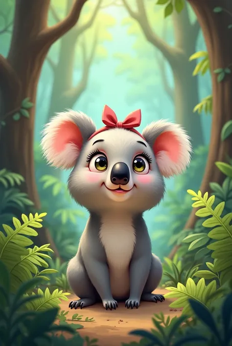 Cartoon of a cute Koala with a bow on her head, in the forest, Shes looking up at the sky.