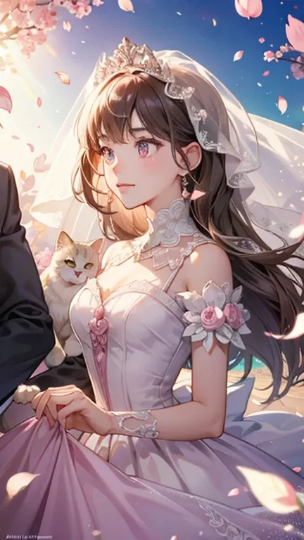 ((best quality)), ((masterpiece))  WEDDING PRINCESS DRESS, light ray, lens flare, pink petals, exotic cat, veil, crowds, family