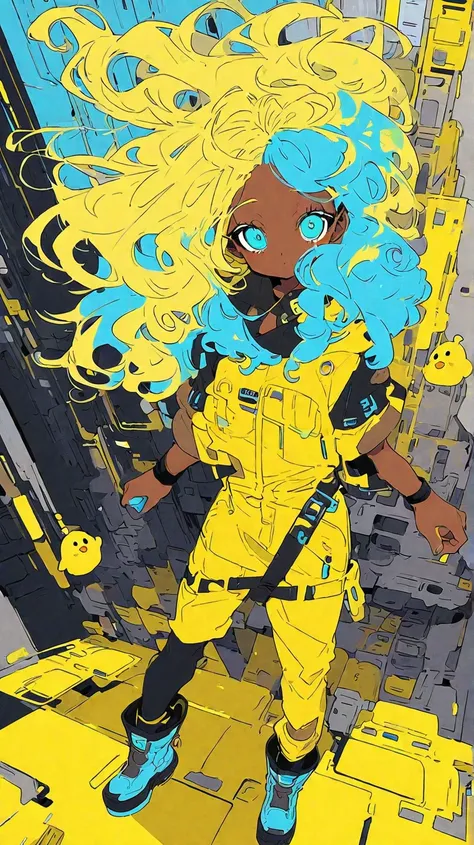  yellow hair、 Light Blue Inner Color、 split in the center 、Loose curls、 brown skin、Tan Skin、 cyberpunk fashion、 Tall、whole body、 boots、Short pants 、 chick mascot、 half up