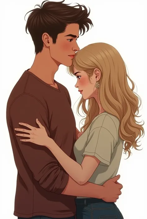 Romantic couple, brown hair man with blonde hair woman. They are student. The background is clean white. Novel character. The character little bit realistic. The man hug the sad woman. They are young adult