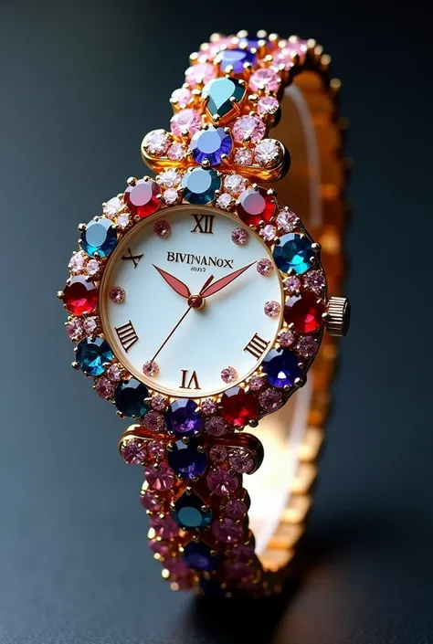 Create me pink, black, blue, red, purple, white, diamond womens wrist watch and also it should be made up of that stones and gold 