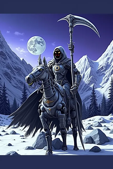 Transform this image into a robot. The original image shows a figure on a horse dressed in black, carrying a scythe in the left hand and a hourglass in the right hand, and in a snowy landscape with a full moon in the background. In the transformation, turn...