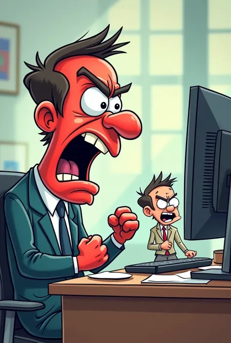 Chibi Cartoon with A manager at a desk, angrily yelling at an employee in a virtual meeting. The employee looks small and intimidated on the screen