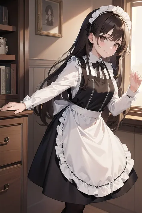 masterpiece、 best quality、beautiful、Fine Lines、 girl、 brown hair、 long hair、 Brown Eyes 、smile、Pale lips、black maid clothes、gothic lolita maid clothes、White apron、 black pantyhose 、living、