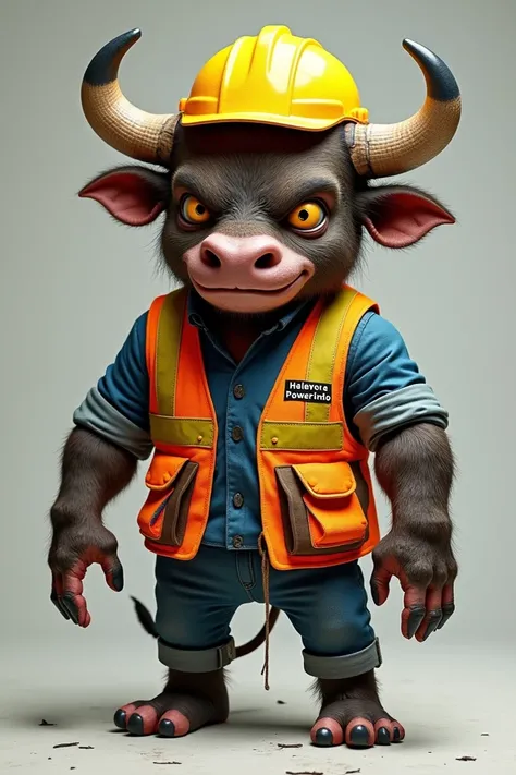   Make a hybird image between a burly and creepy bull and a man wearing a yellow helmet,  orange safety vest with the inscription  " Haleyora Powerindo " On, and blue shirt .  She is an electrician , 











  Make a hybird image between a burly and cr...