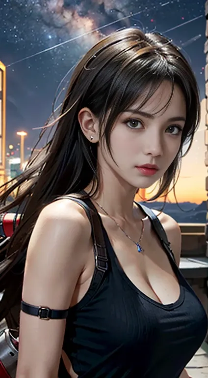 Art station trending, CGSociety Trends,  complicated,  attention to detail ,  sharp concentration, dramatic,  starry sky , Tifa Lockhart in Final Fantasy, Tifa&#39; Original Costume Final Fantasy 7 , Age 25, Mature Appearance,  Journey and Realistic Painti...