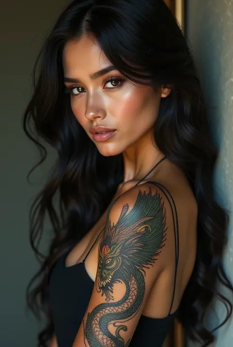 Beautiful Indonesian woman with a dragon tattoo on her arm 