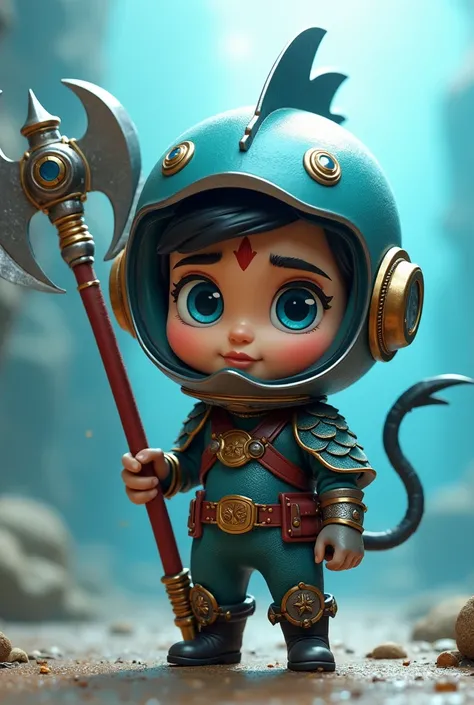 Cute Boy Character in Disney Pixar 3D Style
Face: Bright blue eyes, expressive arched eyebrows, small nose, and a cultural red tilak on the forehead.
Hair: Glossy black hair swooped upward with playful energy.
Helmet: Transparent fish-shaped glass helmet w...