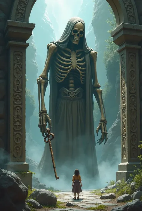 Skeleton gate keeper letting dora pass the skeleton bridge