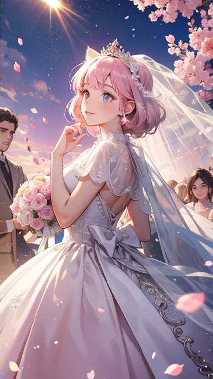 ((best quality)), ((masterpiece))  WEDDING PRINCESS DRESS, light ray, lens flare, pink petals, exotic cat, veil, crowds, family