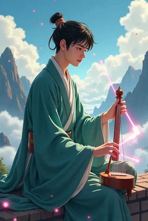  Japanese anime HD  , The image of a young Tao playing a long Chinese instrument GuZheng on his lap  ,  High definition image shows an 18-year-old Chinese man with corkscrew hair , very handsome,  black-haired teenager ,  strong athlete ., There is a pictu...