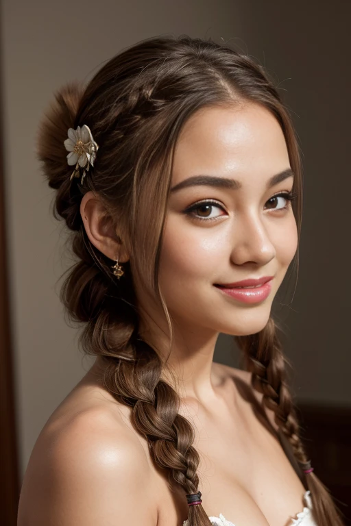 best quality,masterpiece, 1 girl, solo, MODELSHOOT, amazing, Alina, (((portait))), anthlers, deer ears, look at users, smile, blush, hairpin,(( braid)), hair ornaments, ((hairclip)), 