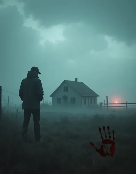 A misty rural landscape under a stormy February sky, with a small, isolated house at the center. A shadowy, introspective figure stands in the foreground, partially obscured by the mist. Around him, subtle, ghostly hints of crime scenes: a bloodstained han...