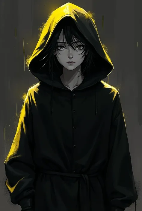 Create a teenage boy in a black robe with a yellow outline, gray eyes, a small smile and long black hair in black and white style with a hooded hood
