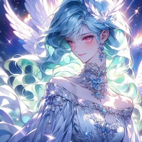 woman,  I have teal hair  , red eyes, smile,  angel wings , Golden halo,  white dress,   standing upright  , In space, Milky Way in the background, Distant Star,  upper body