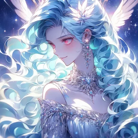 woman,  I have teal hair  , red eyes, smile,  angel wings , Golden halo,  white dress,   standing upright  , In space, Milky Way in the background, Distant Star,  upper body