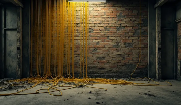 (masterpiece), ( extremely sophisticated :1.3), ( realistic), (((abstraction))), Abandoned factory floor brick wall with broken yellow-black wires, ( Realistic Ultra High Definition, 8 thousand.,  super high definition , granularity,  Cinematic lighting , ...