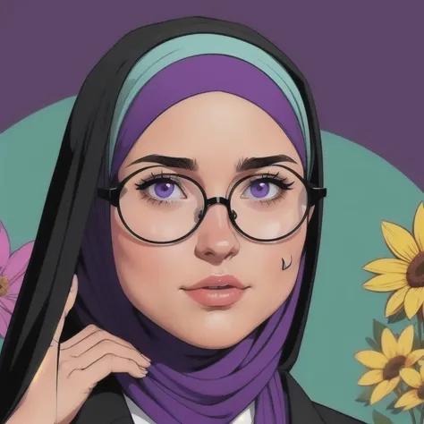   fat 21-year-old wearing a formal black suit with striking facial features,  paint on the left cheek , wearing hijab and glasses, purple, purple suit, flores, wearing hijab,  hair completely covered under the hijab , round glasses,  wearing modest clothin...