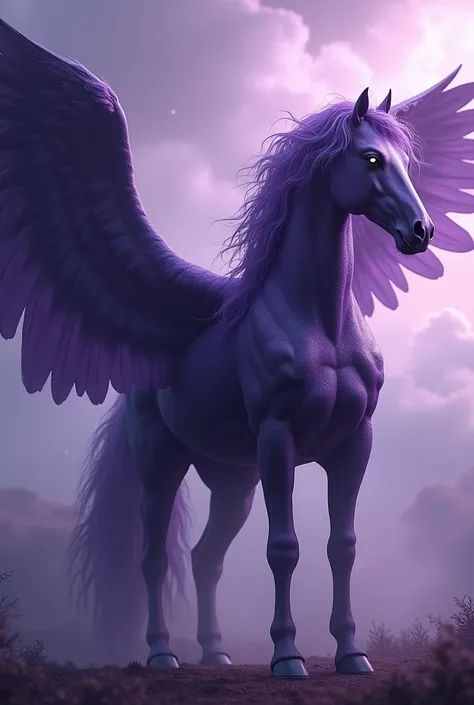 Dark purple winged horse with silver mane.