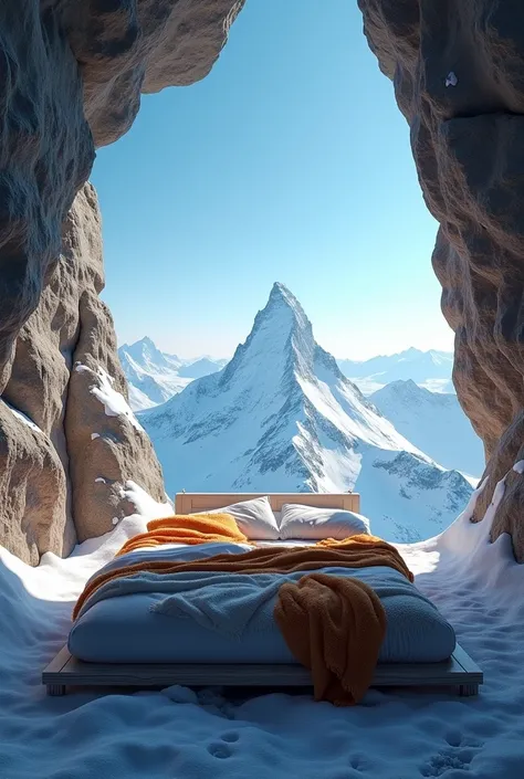  Create an image of a bed high on the mountain, with warm blankets ,  a perfect view of the blue sky 