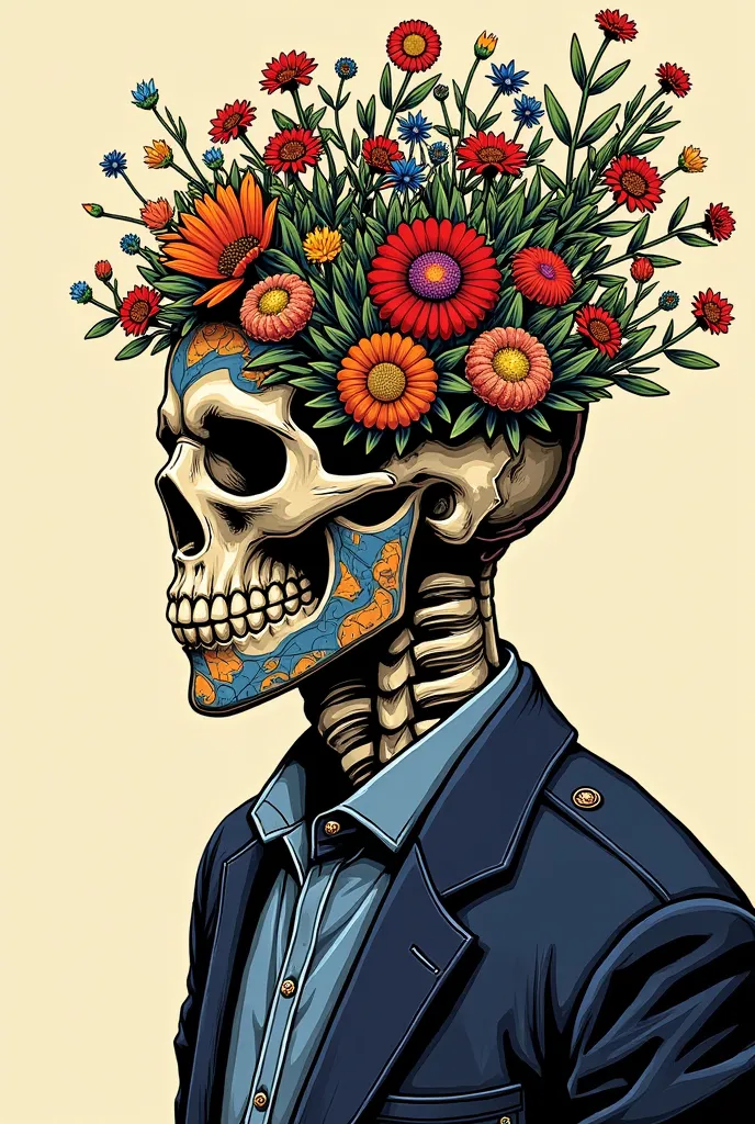 illustration of a man with a skull ,  colorful flowers blooming from his skull、 lsd tattoo design ,  psychedelic illustrations ,...