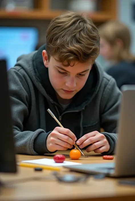 Student in the classroom technology workshop making a Christmas gift for a classmate who has no financial resources 