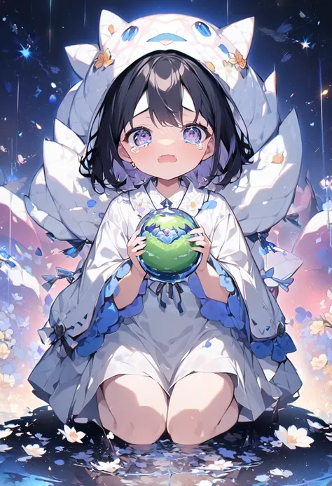  best quality, detailed background, whole body, シースルーの女性一人とgod秘的なカエル一匹,  black hair,  Decorated Short Hair,  White Dress ,  girl who opens her mouth wide , Crying girl,  girl with big tears in a super distance ,  puddle of tears in super distance ,  girl s...