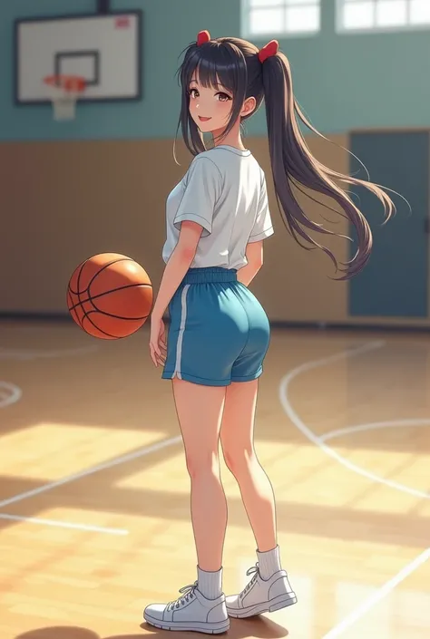 whole body, Enjoy playing basketball, 16-Year-Old Japanese Woman Turning Her Butt ,cute,Idol,Idol, Portrait,Model,Long Hair,bangs, twin tails, small breasts,Gloss, Super High Waist Light Blue Shorts,( small ass ), White Gym T Shirt Tucked In ,White slipper...