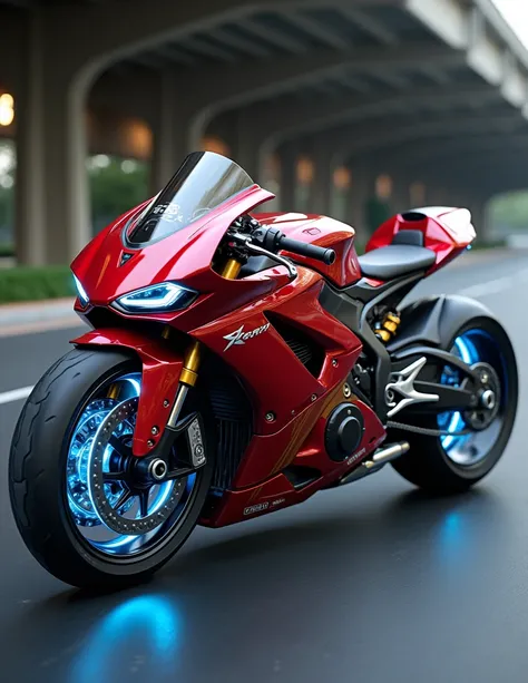  Futuristic design of a sport bike incorporating elements typical of Iron Man .  The bike has a dominant color of metallic red with gold and silver accents ,  equipped with an arc reactor in the center of the motor body as in Iron Man armor .  The headligh...