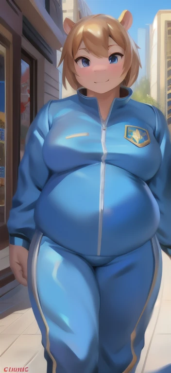 Solo, female Tall​,mannequin, standing,She was a counselor principal and studied Xiao Lin. street,hippo ​,blue military spacesuit, overweight, muscular, silent , by chunie