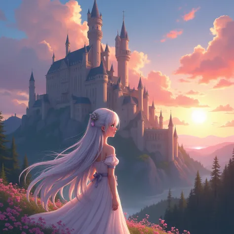 Real girl with long silver hair standing in front of a castle, Real Fantasy,  Anime Art Wallpaper 8K, Anime Style 4k, Anime Art Wallpaper 4K, Anime Art Wallpaper 4K,  beautiful anime portrait , Guweiz-style work ,  Beautiful fantasy anime , Fantasy style a...