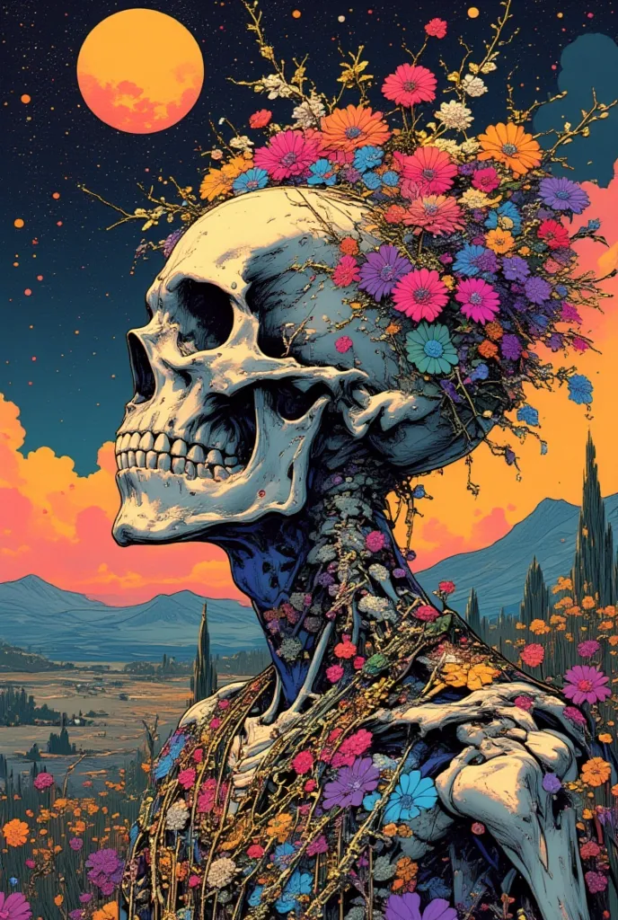 illustration of a man with a skull ,  colorful flowers blooming from his skull、 lsd tattoo design ,  psychedelic illustrations ,...